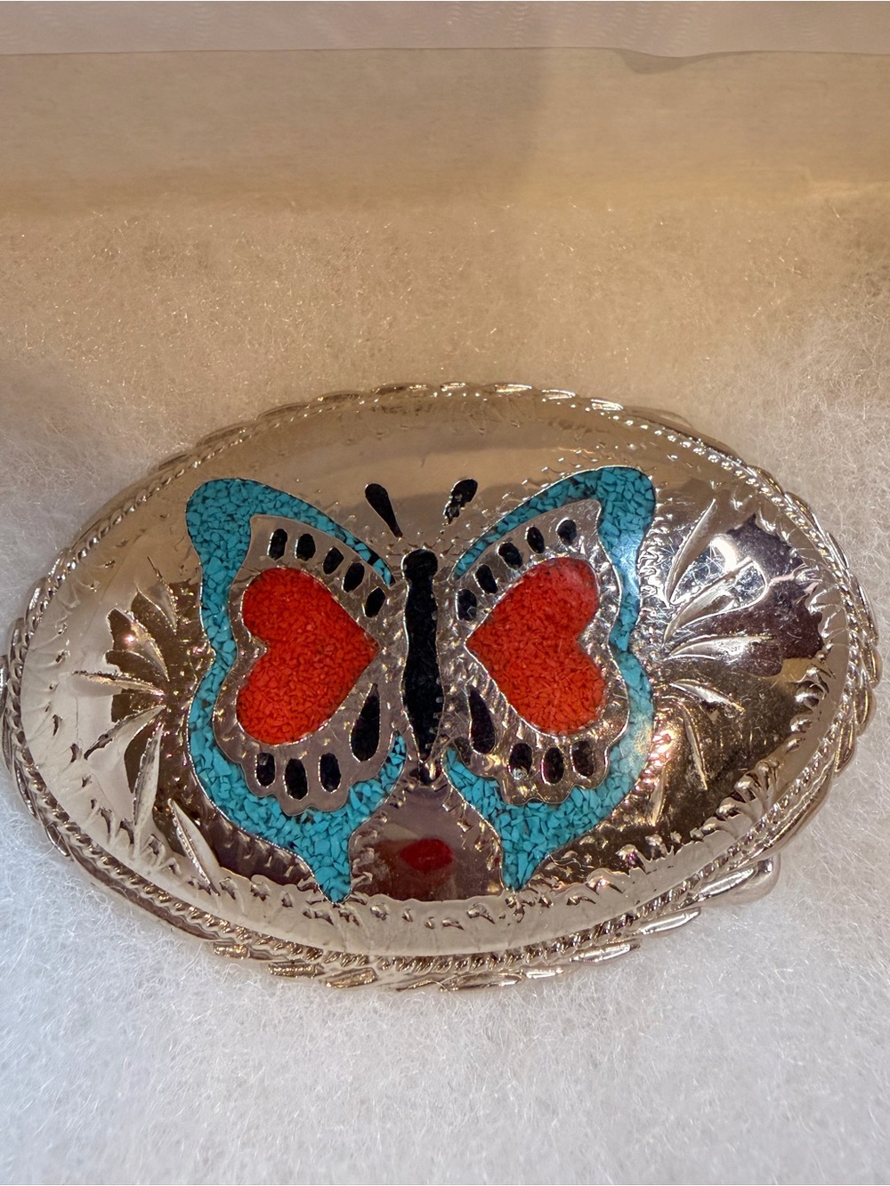 Vintage Southwestern Turquoise & Onyx Inlay Butterfly Western Belt Buckle